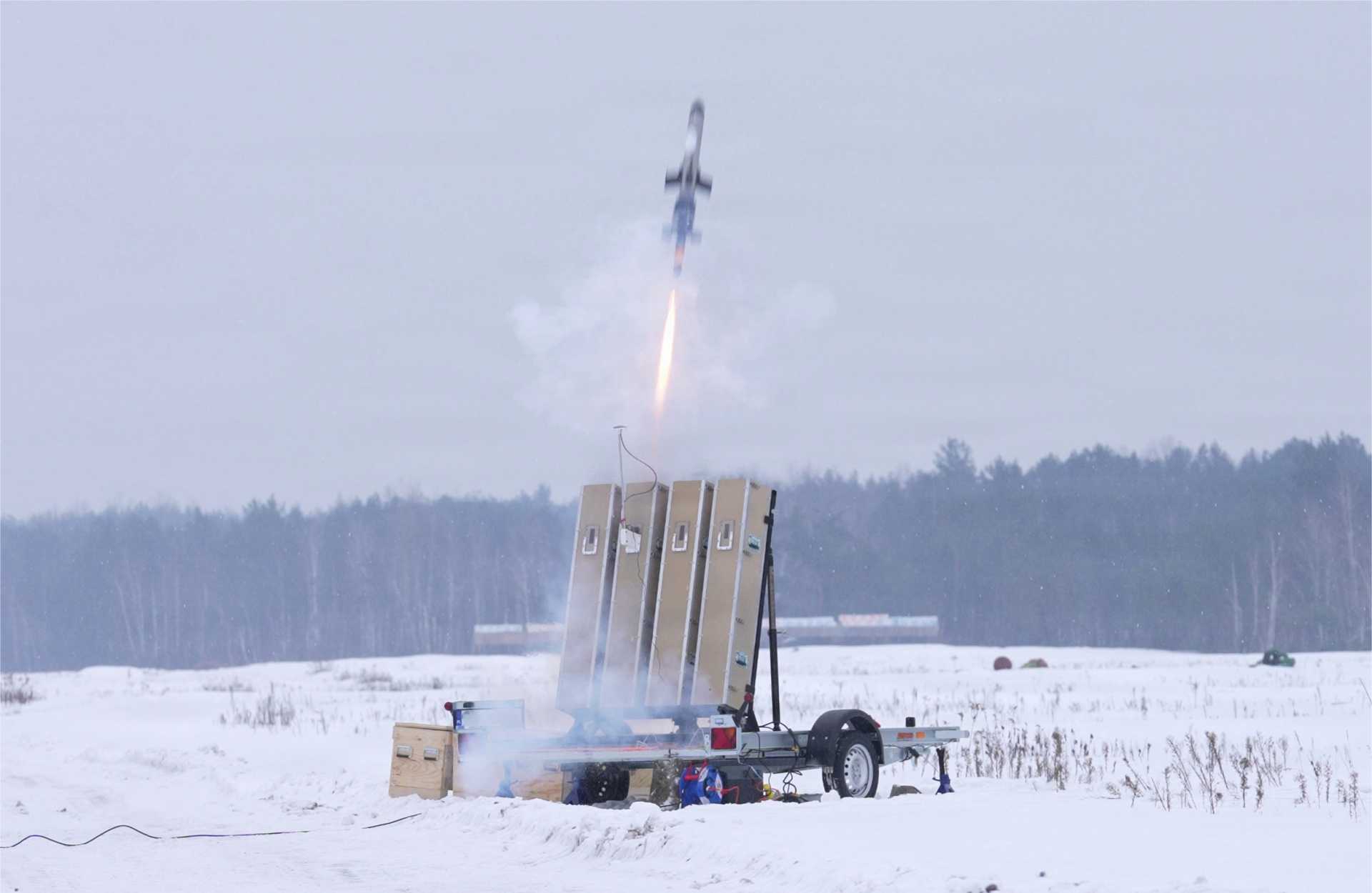 An IonStrike counter-UAS interceptor launches from a multi-cell launcher during Project Bullfrog testing on February 4, 2026, at an undisclosed location in Europe, demonstrating a new low-cost kinetic defense capability against one-way attack drones.