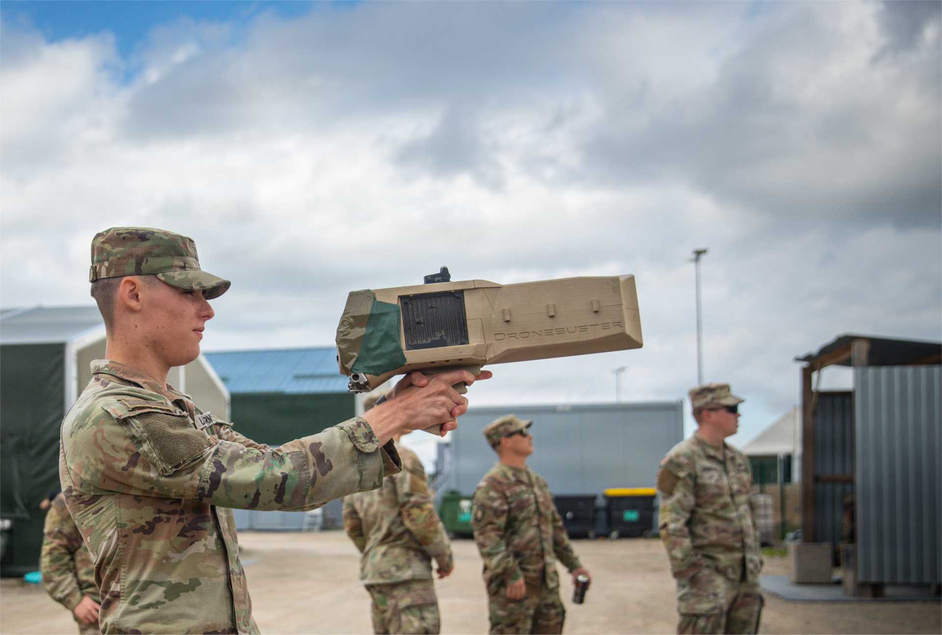 U.S. Army Cpl. Aaron Goolsby, assigned to the 2nd Battalion, 3rd Field Artillery Regiment, 1st Armored Division, operates a Drone Buster counter-unmanned aerial systems device during counter-UAS training at the Pabradė Training Area in Lithuania on May 22, 2026.