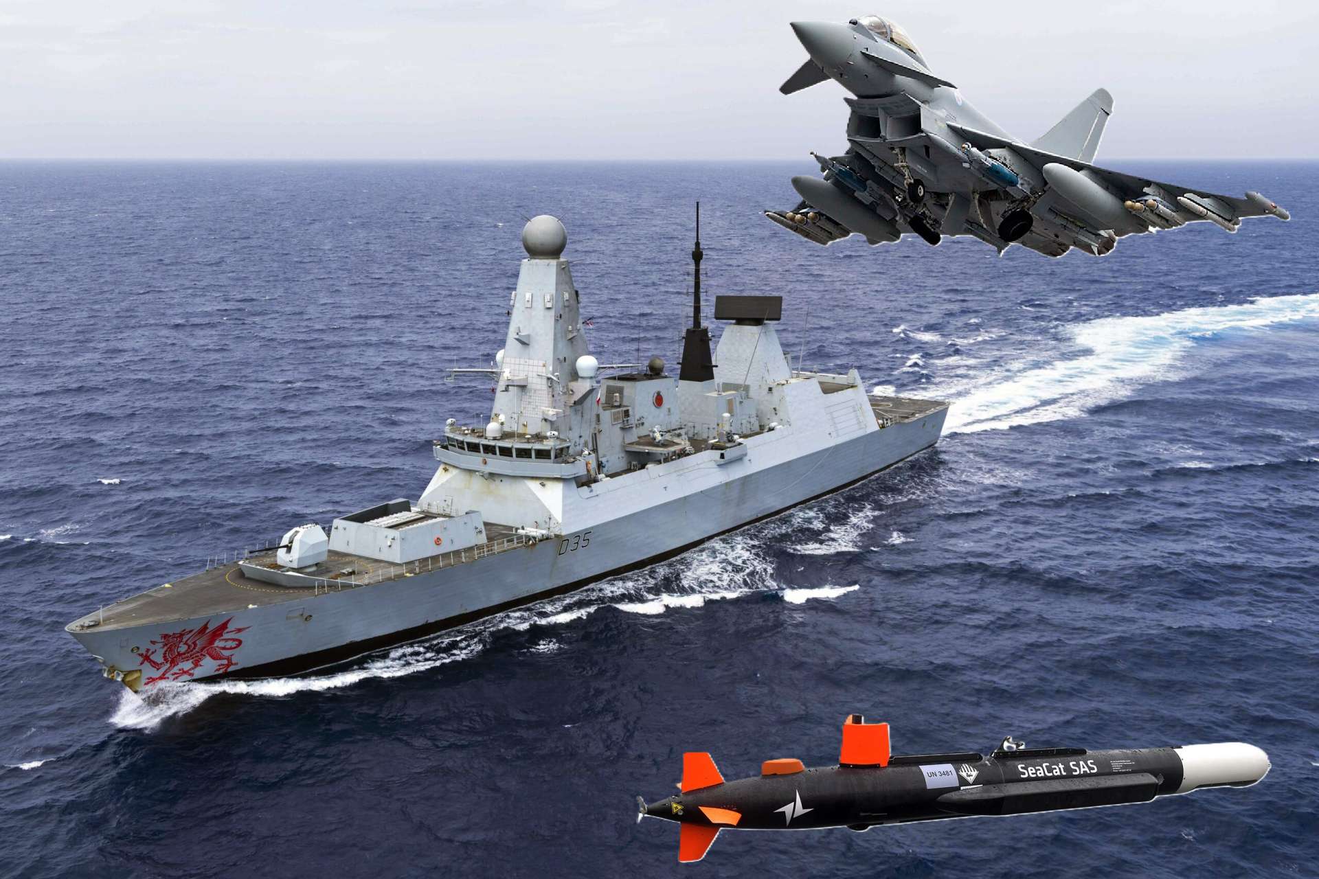 UK to deploy HMS Dragon, RAF Typhoon jets, Kraken uncrewed surface vessels and autonomous mine-hunting systems to support a multinational mission securing the Strait of Hormuz against mines, drones, missiles and maritime threats (Picture source: Edit from UK MoD Pictures).