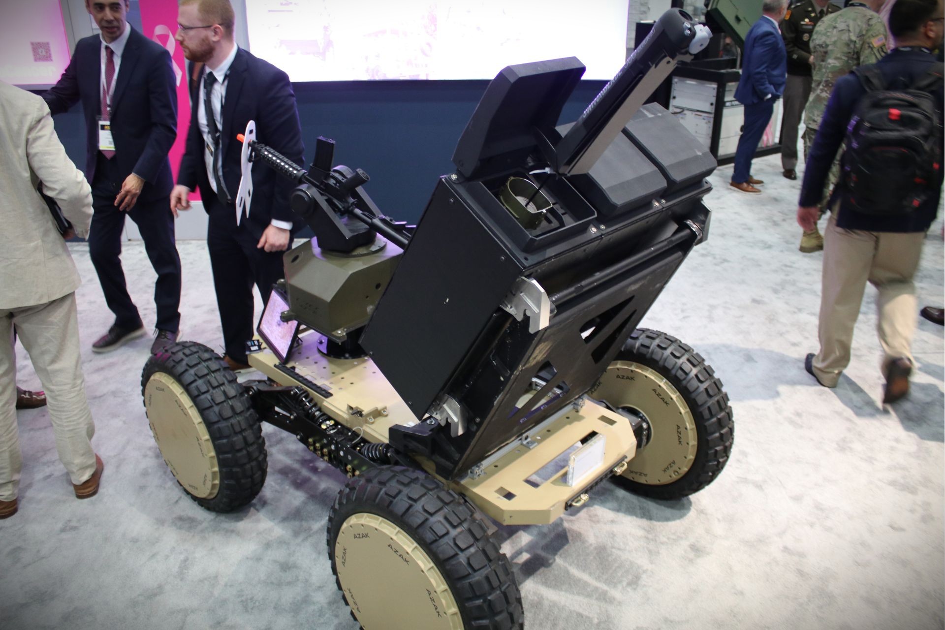 AZAK showcased its S26 UGV at AUSA 2026 as a modular robotic vehicle designed to carry remote weapons, launch drones, and support multiple battlefield missions (Picture Source: Army Recognition Group)