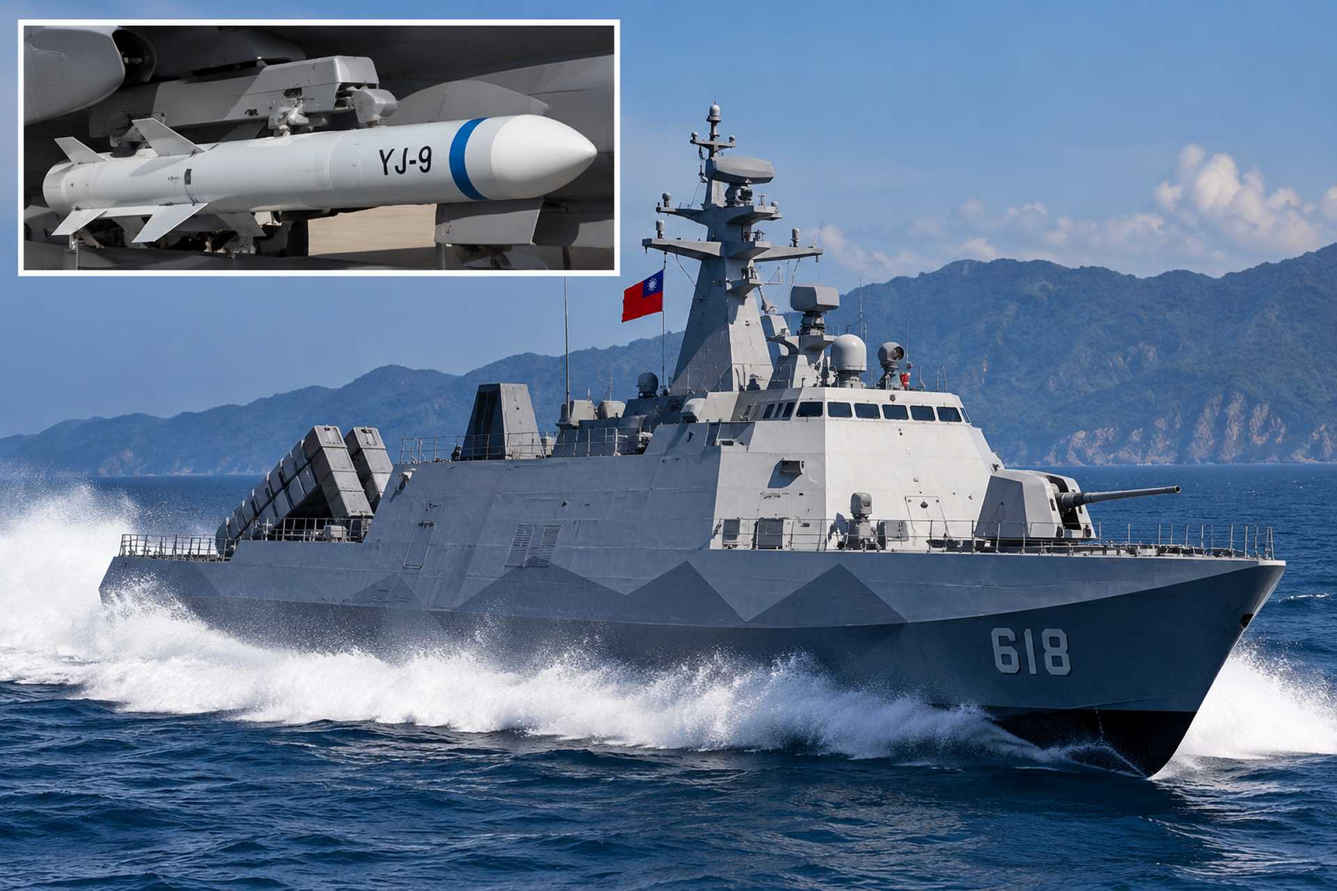 Illustrative image of a Taiwan Tuo Chiang-class missile corvette at sea, with an inset showing a YJ-9 family anti-ship missile. China’s newly unveiled YJ-9ER is reported to double the engagement range of the earlier weapon, potentially increasing the threat to fast, missile-armed surface combatants operating around Taiwan. (Picture source: Army Recognition / AI generated image)