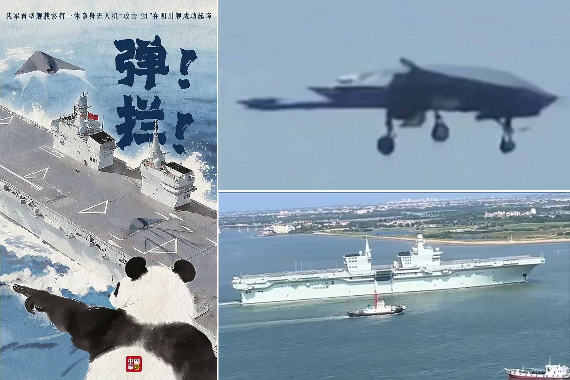 China announced that its GJ-21 stealth reconnaissance and strike drone had successfully completed its first electromagnetic catapult launch and arrested landing aboard the Type 076 Sichuan amphibious assault ship, although no photographs or video footage had been publicly released at the time of the writing. (Picture source: Chinese MoD, @欧阳振我86468, and X/@PLA_MilitaryUpd)