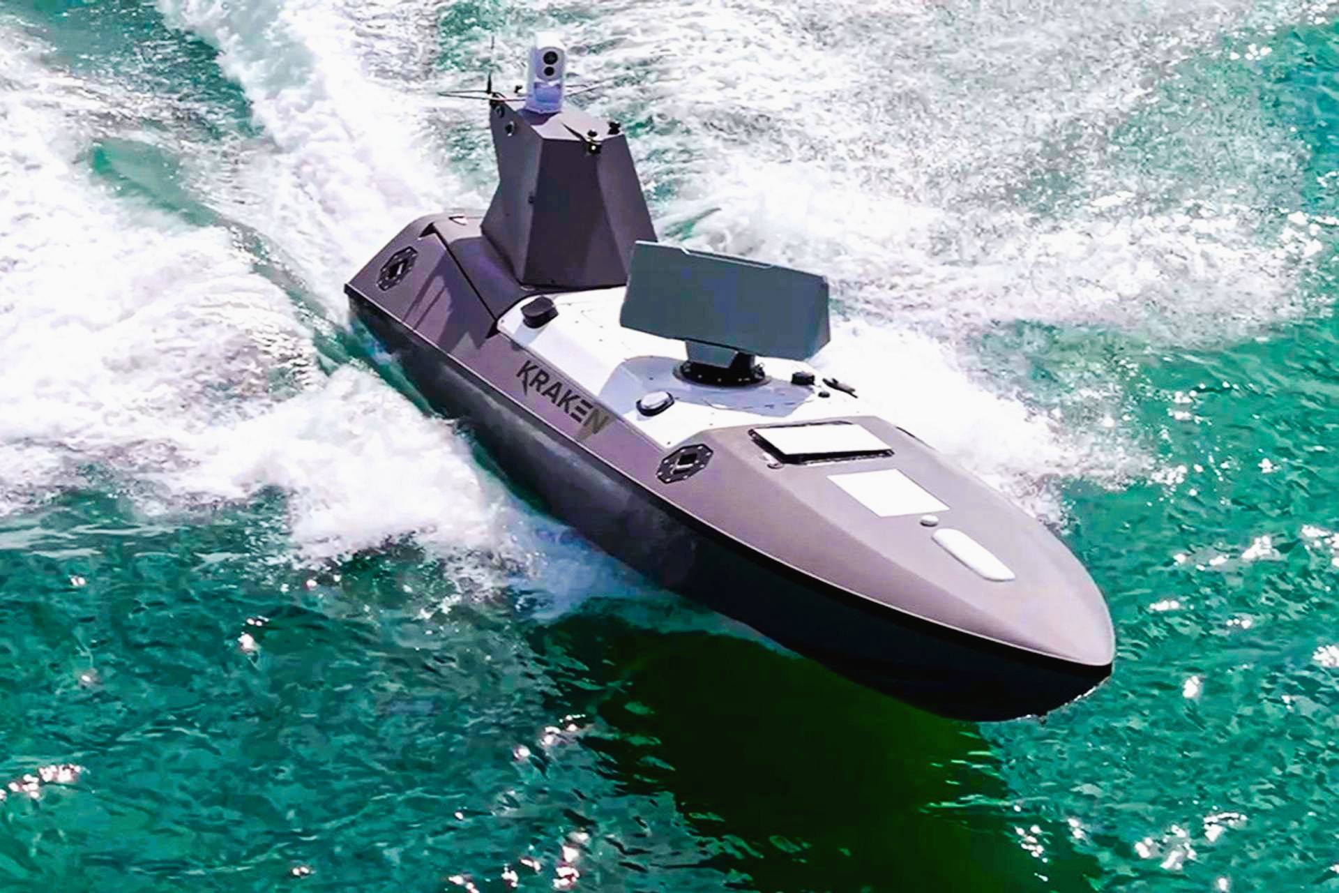 Kraken Technology Group and Saab UK have unveiled an autonomous maritime drone seeker that pairs the K3 SCOUT uncrewed surface vessel with Giraffe 1X radar to extend counter-UAS surveillance farther from ships, ports and critical infrastructure (Picture Source: Kraken Technology Group)