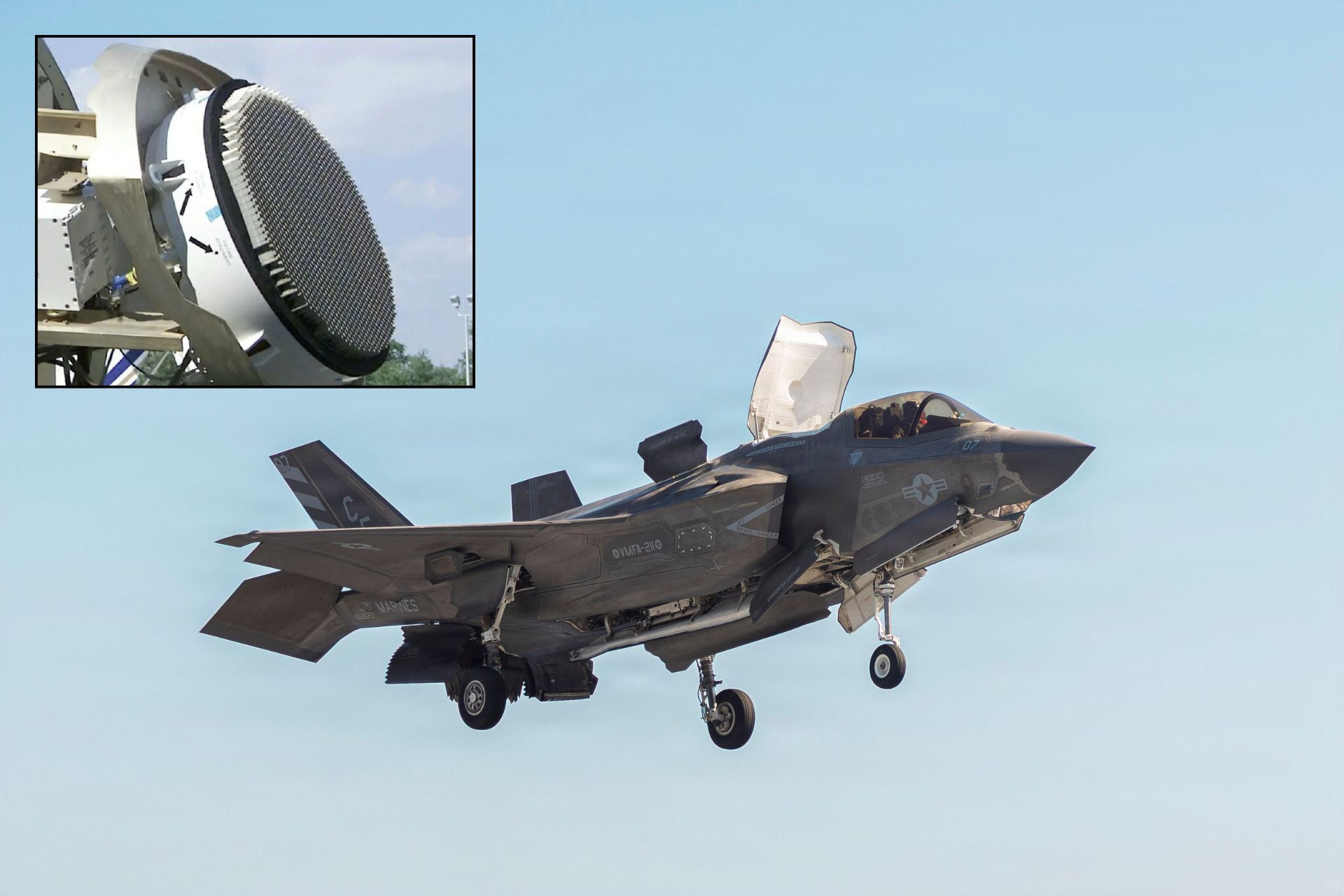 A U.S. F-35B Lightning II alongside the AN/APG-81 AESA radar, one of the military systems supported by specialized semiconductor technologies used for sensing, signal processing, and electronic warfare functions. (Picture source: US DoD/Northrop Grumman)