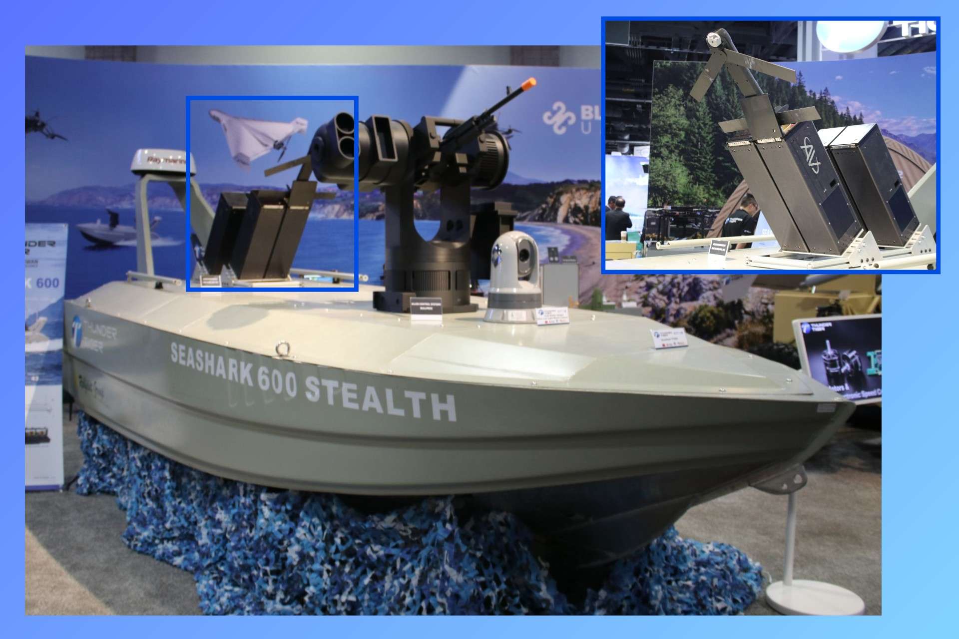 Thunder Tiger’s SeaShark 600 USV now pairs Bullfrog counter-drone firepower with four Switchblade 300 loitering munitions, giving the six-meter craft a combined self-defense and precision-strike role for contested littoral operations (Picture Source: Army Recognition Group)