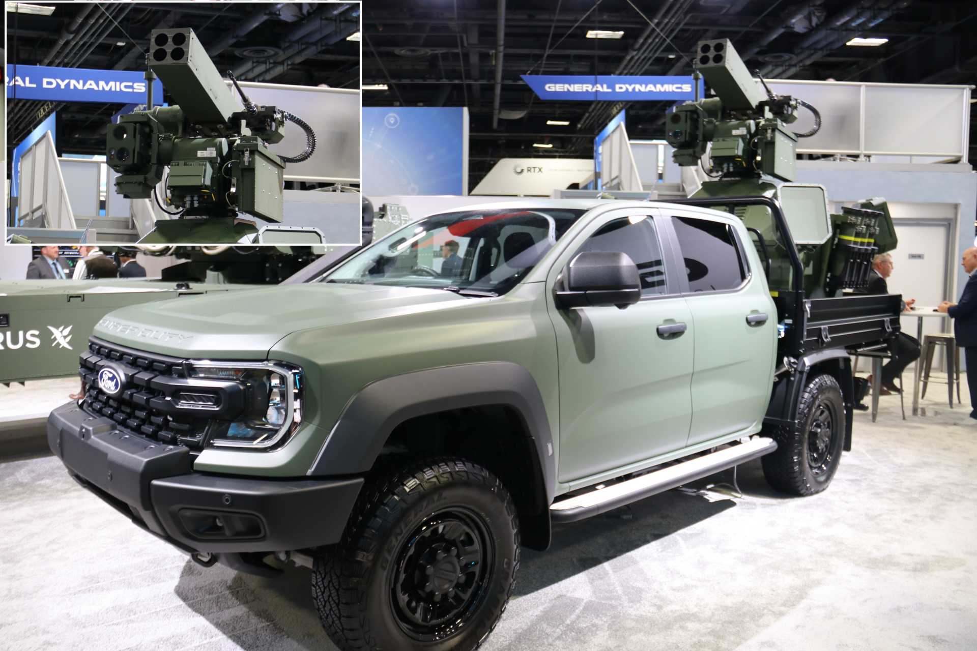 General Dynamics Land Systems’ proposed M-SHORAD Increment 4 system displayed on a Ford Ranger at AUSA 2026, combining a 7.62 mm chain gun, APKWS guided-rocket capability and Echodyne radars on MSI Defense Solutions’ modular mounting deck for short-range air defense and counter-drone missions. (Picture source: Army Recognition Group)