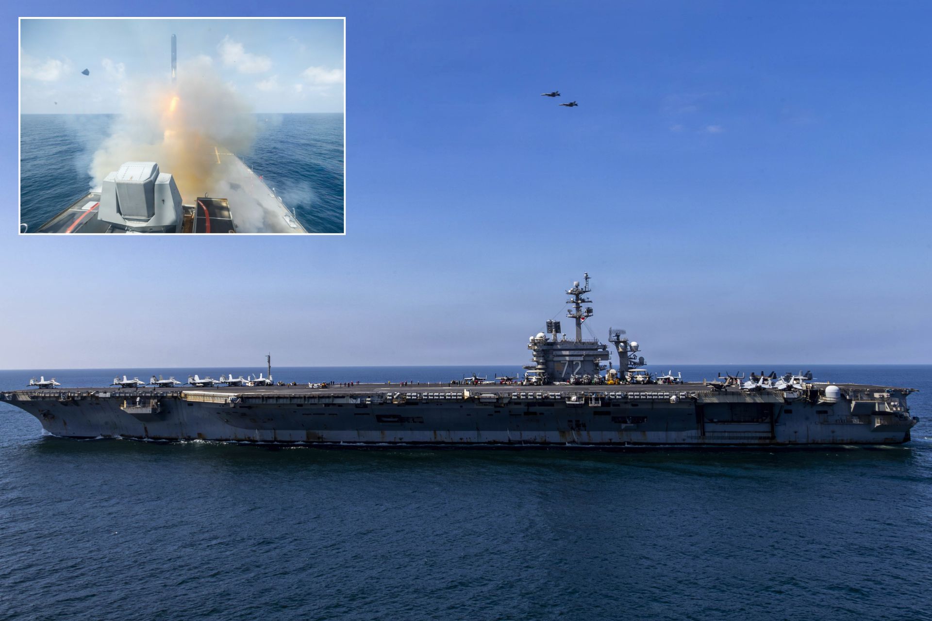 The U.S. Navy aircraft carrier USS Abraham Lincoln (CVN 72) and Arleigh Burke-class guided-missile destroyer USS Spruance (DDG 111), pictured launching a Tomahawk cruise missile during Operation Epic Fury in February and March 2026, were part of a carrier strike group credited with firing 450 Tomahawks against Iran. (Picture source: U.S. Navy)