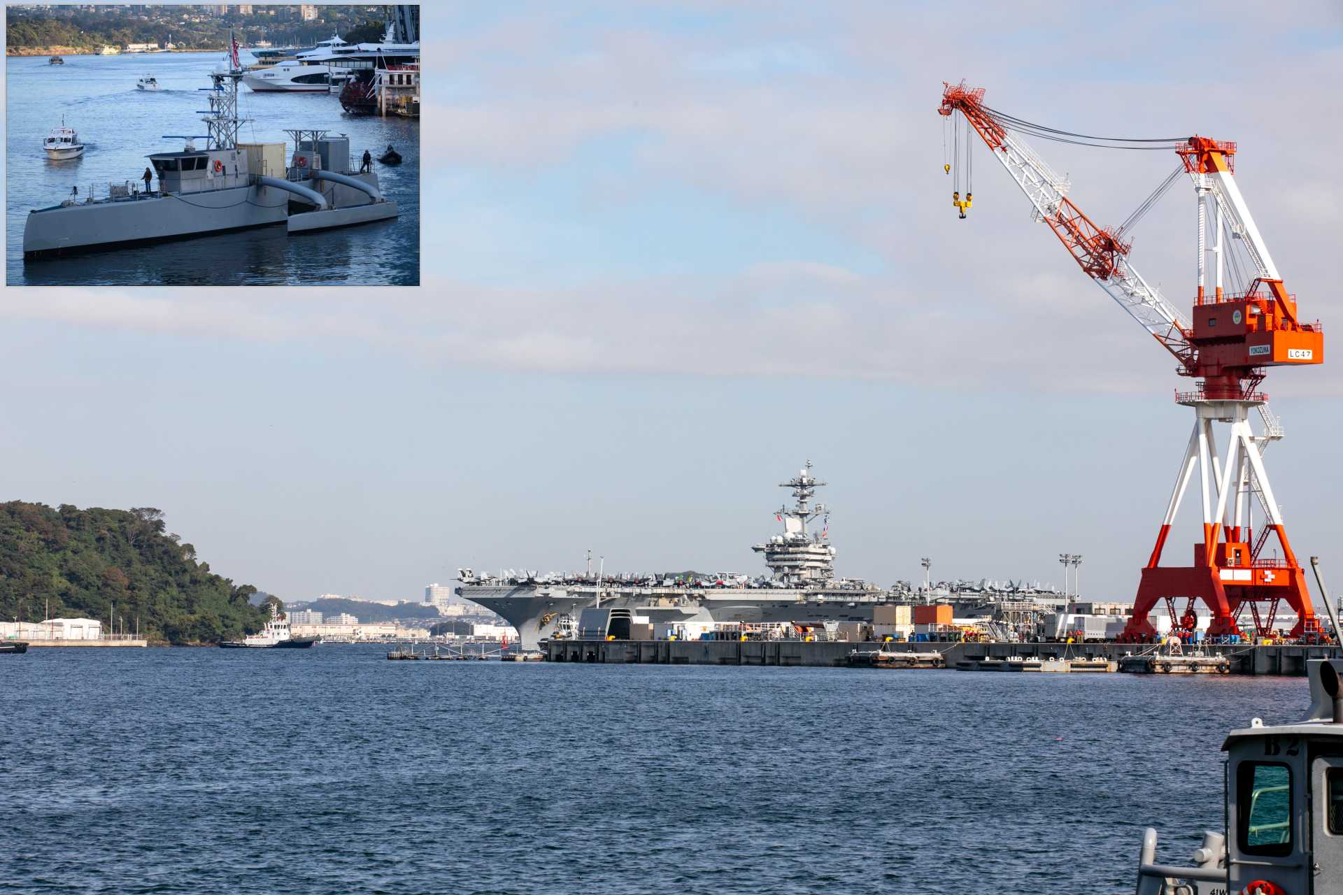 The U.S. Navy confirmed the first deployment of an unmanned surface vessel, the Leidos Seahawk, alongside the USS Theodore Roosevelt carrier strike group, which arrived in Yokosuka, Japan, on October 16, 2026, ahead of Exercise Keen Sword 2027. (Picture sources: US Navy)