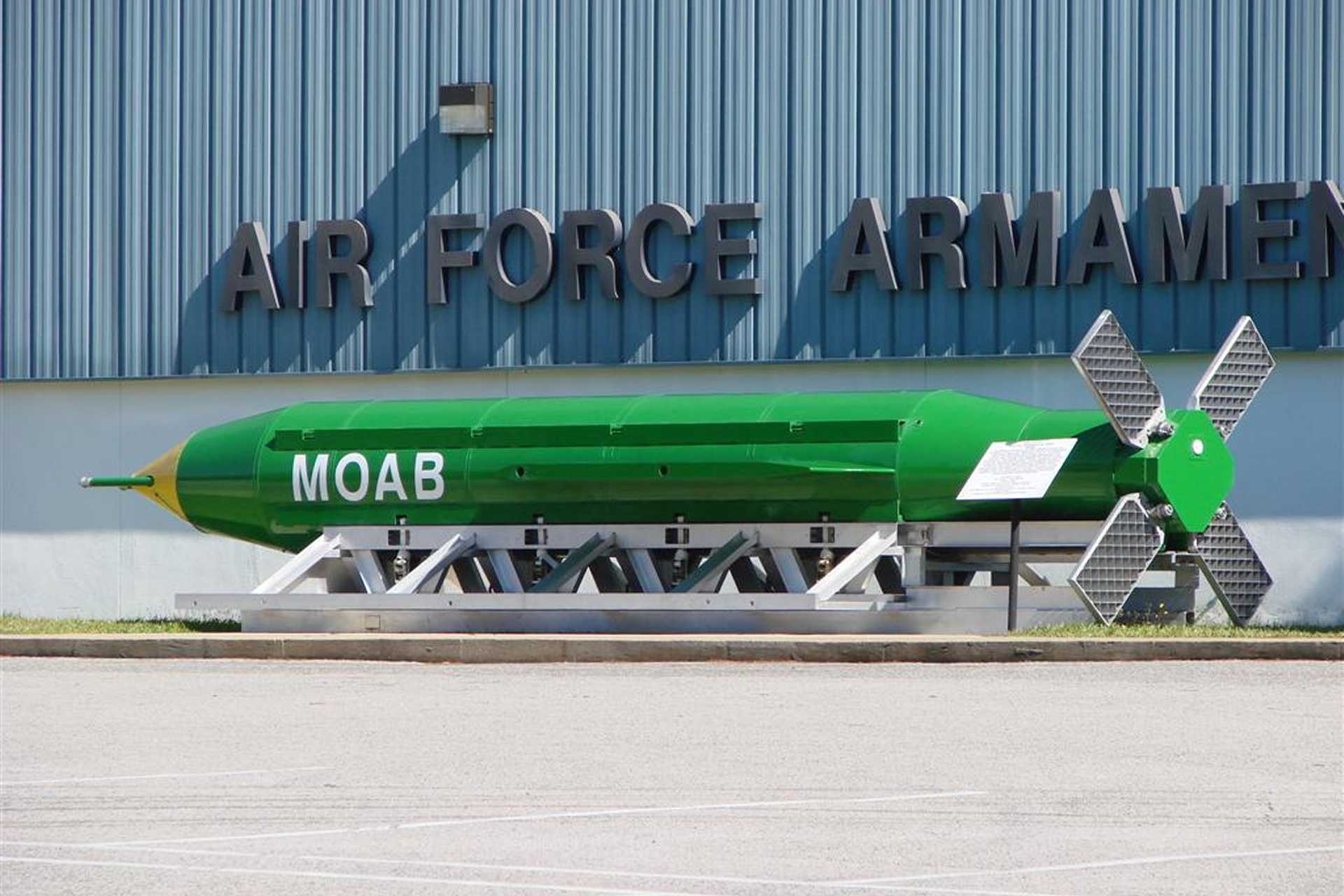 The GBU-43/B MOAB, nicknamed the Mother of All Bombs, is the most powerful conventional air-dropped bomb ever used in combat by the United States, carrying 8.5 tons of explosives to produce a blast equivalent to 11 tons of TNT. (Picture source: Wikimedia/Fl295)