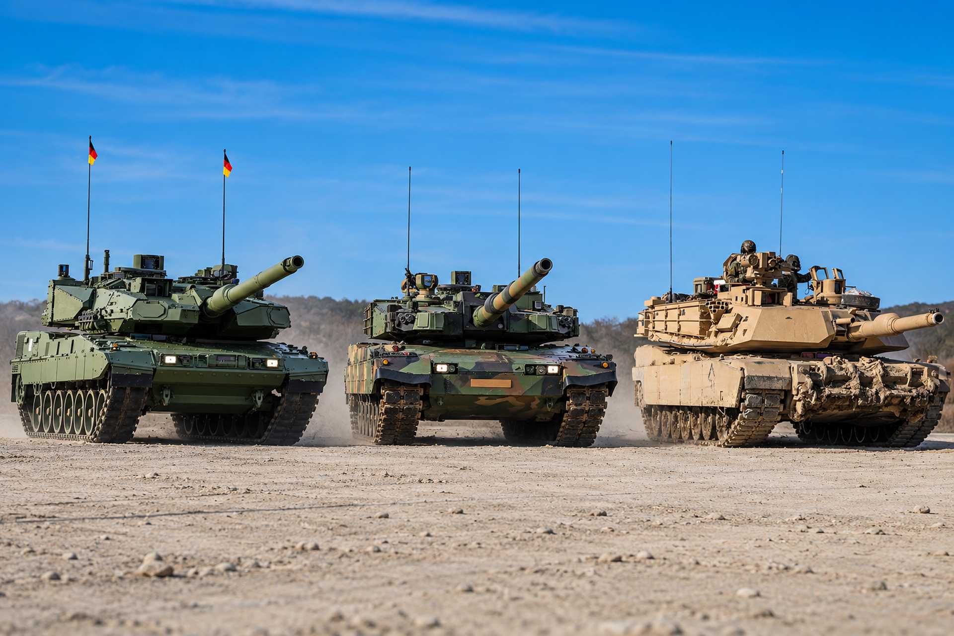 German Leopard 2A8 at left, South Korean K2 Black Panther at center, and U.S. M1A2 SEPv3 Abrams at right illustrate the three main battle tank approaches shaping Europe’s armored modernization, where firepower and protection are increasingly weighed alongside mobility, delivery speed, industrial capacity, and local production.