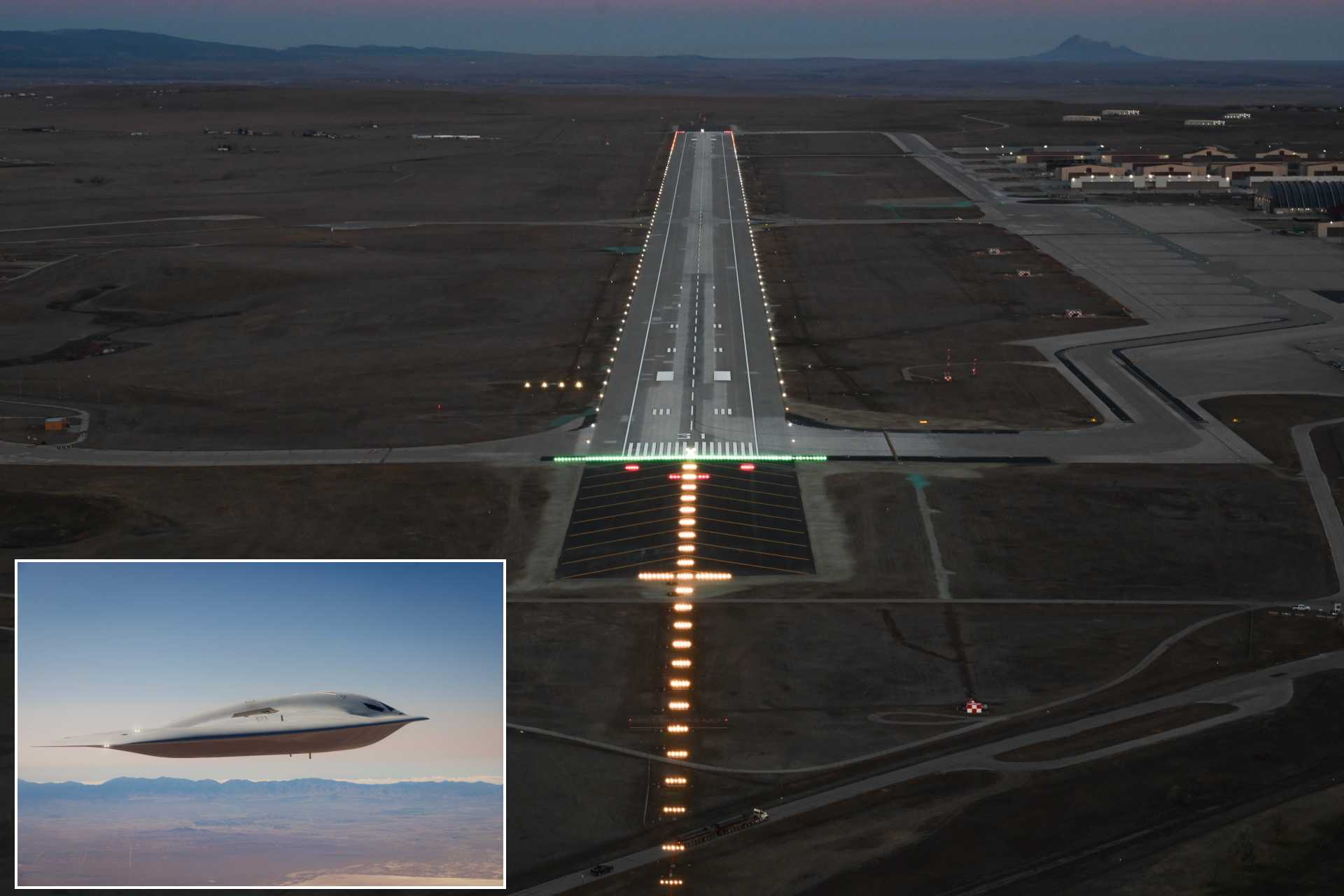 Airfield lights are powered on and tested during runway upgrades at Ellsworth Air Force Base, South Dakota, on November 26, 2025, as the U.S. Air Force advances infrastructure work to prepare the base for the B-21 Raider’s first operational deployment in 2027.