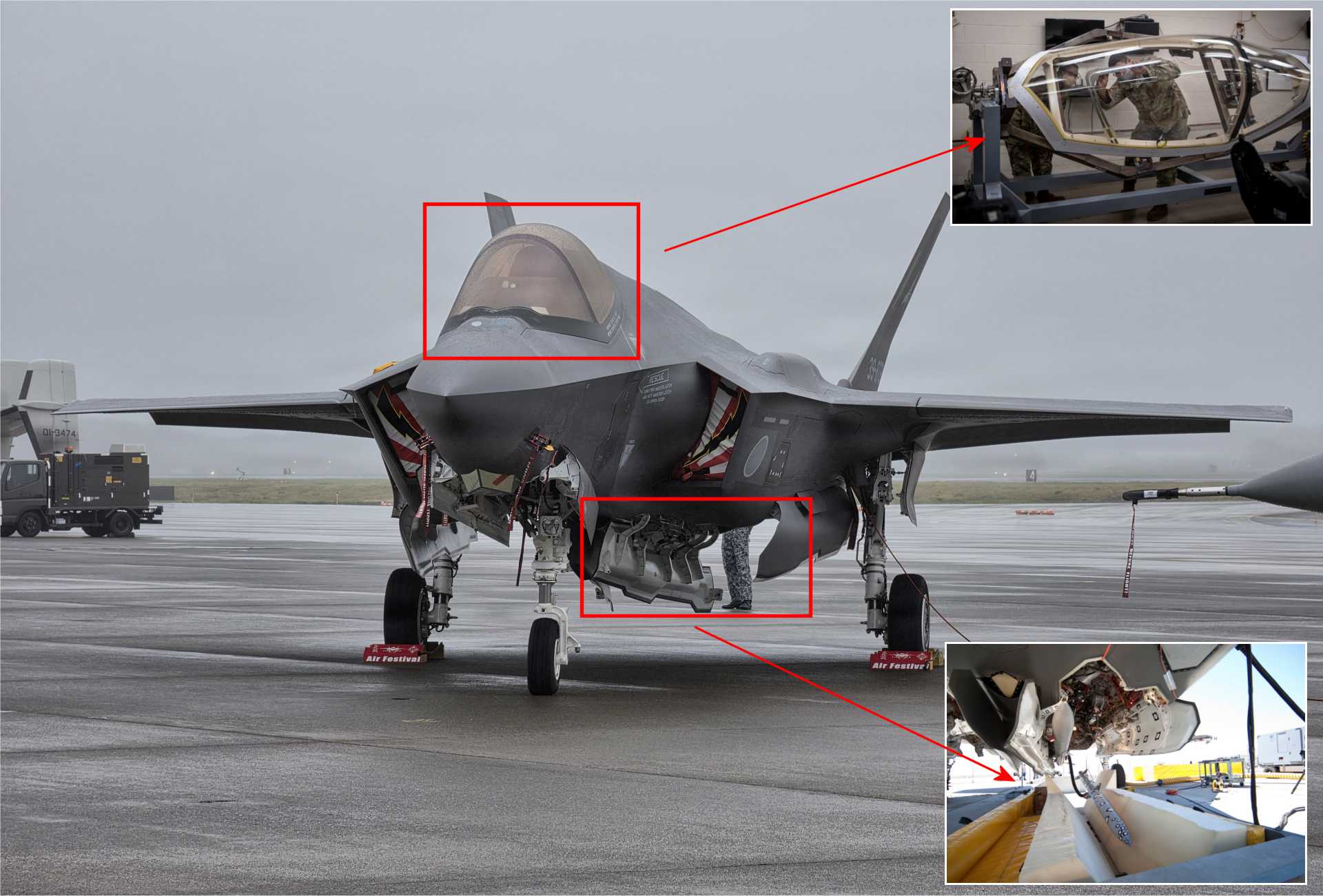The F-35A’s cockpit canopy sits above the forward fuselage, while its internal weapons-bay doors are located beneath the aircraft. Both areas contribute to the fighter’s low-observable configuration, with the diverted Australian components reportedly carrying radar-absorbing material.