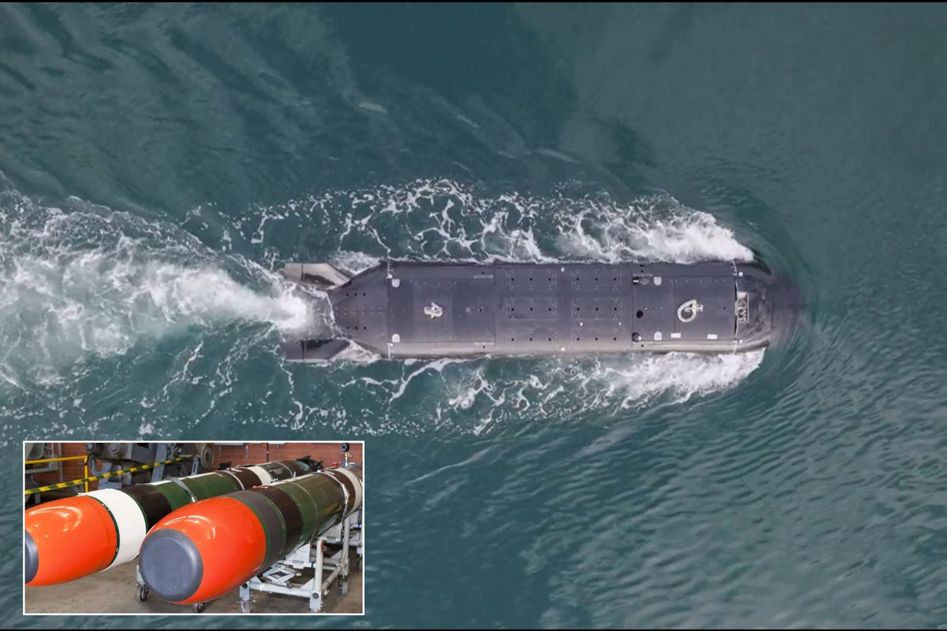 British XV Excalibur XLUUV with Mk 48 heavyweight torpedoes shown in the inset. The weapon fired during the AUKUS trial has not been officially identified, but available information points to the Mk 48 Mod 7 CBASS. (Picture source: Msubs Ltd/ Us DoD)