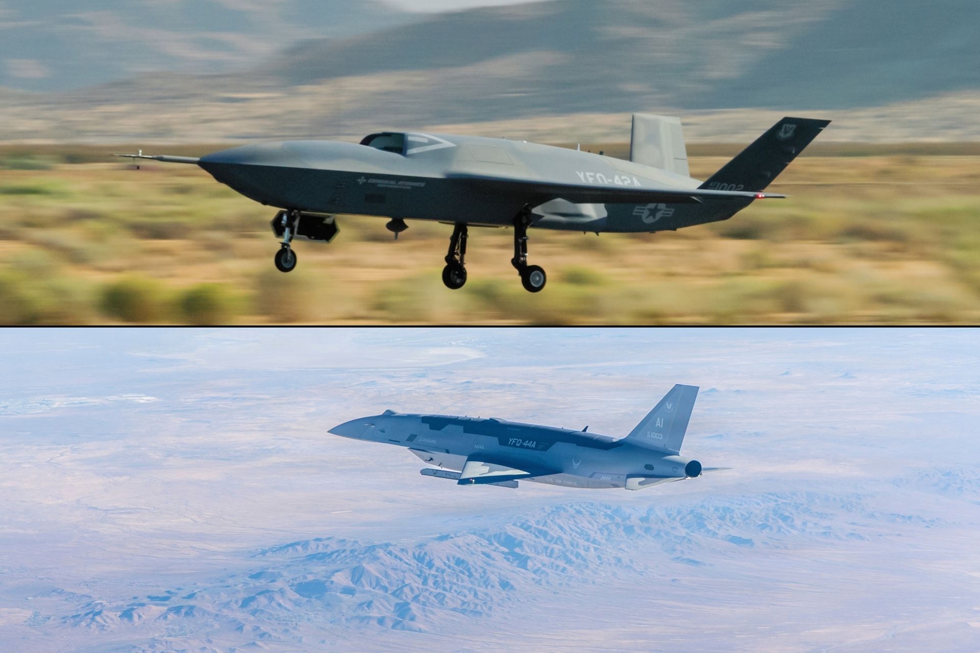 The General Atomics YFQ-42A top and Anduril YFQ-44A Fury bottom are the two Collaborative Combat Aircraft selected for the U.S. Air Force CCA Increment 1 program and are now entering operational experimentation. (Picture source: US DoD)