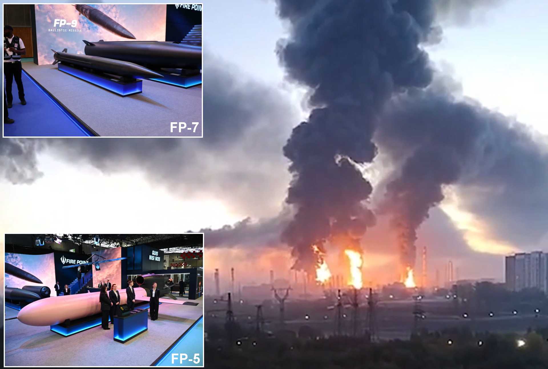 An oil facility burns in the Moscow region following a Ukrainian long-range strike, with an embedded vignette illustrating Ukraine’s FP-5 Flamingo cruise missile and FP-7 Pelican ballistic missile. The two weapons highlight Ukraine’s expanding indigenous strike arsenal, combining long-range cruise-missile capability with a new ballistic threat designed to challenge Russian air defenses.