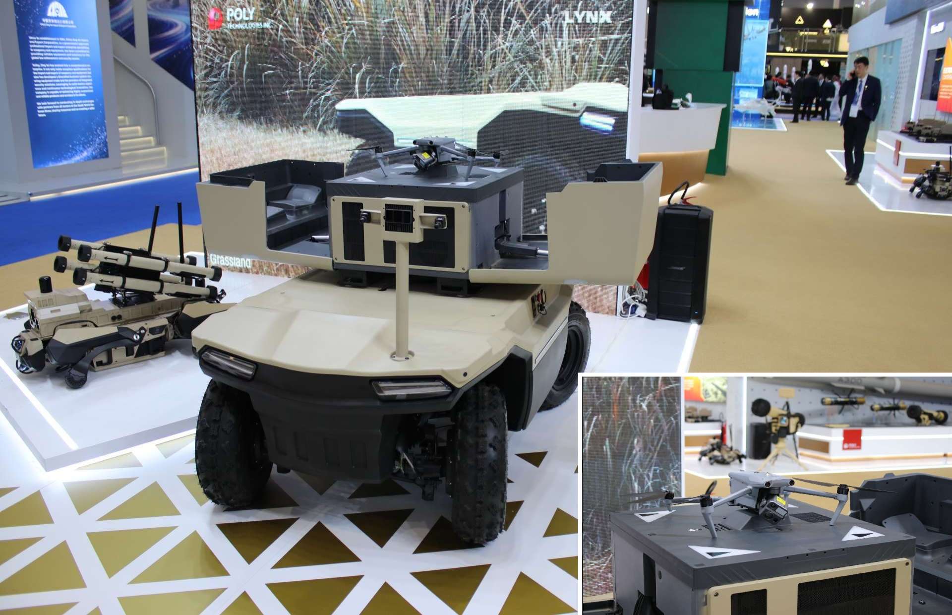Poly Technologies’ Lynx UGV at WDS 2026, shown with an integrated launch-ready quadcopter, combines a compact 4x4 unmanned carrier and day-night ISR drone to scout ahead, survey dead ground, and relay real-time video and targeting data while keeping troops under cover (Picture source: Army Recognition Group).