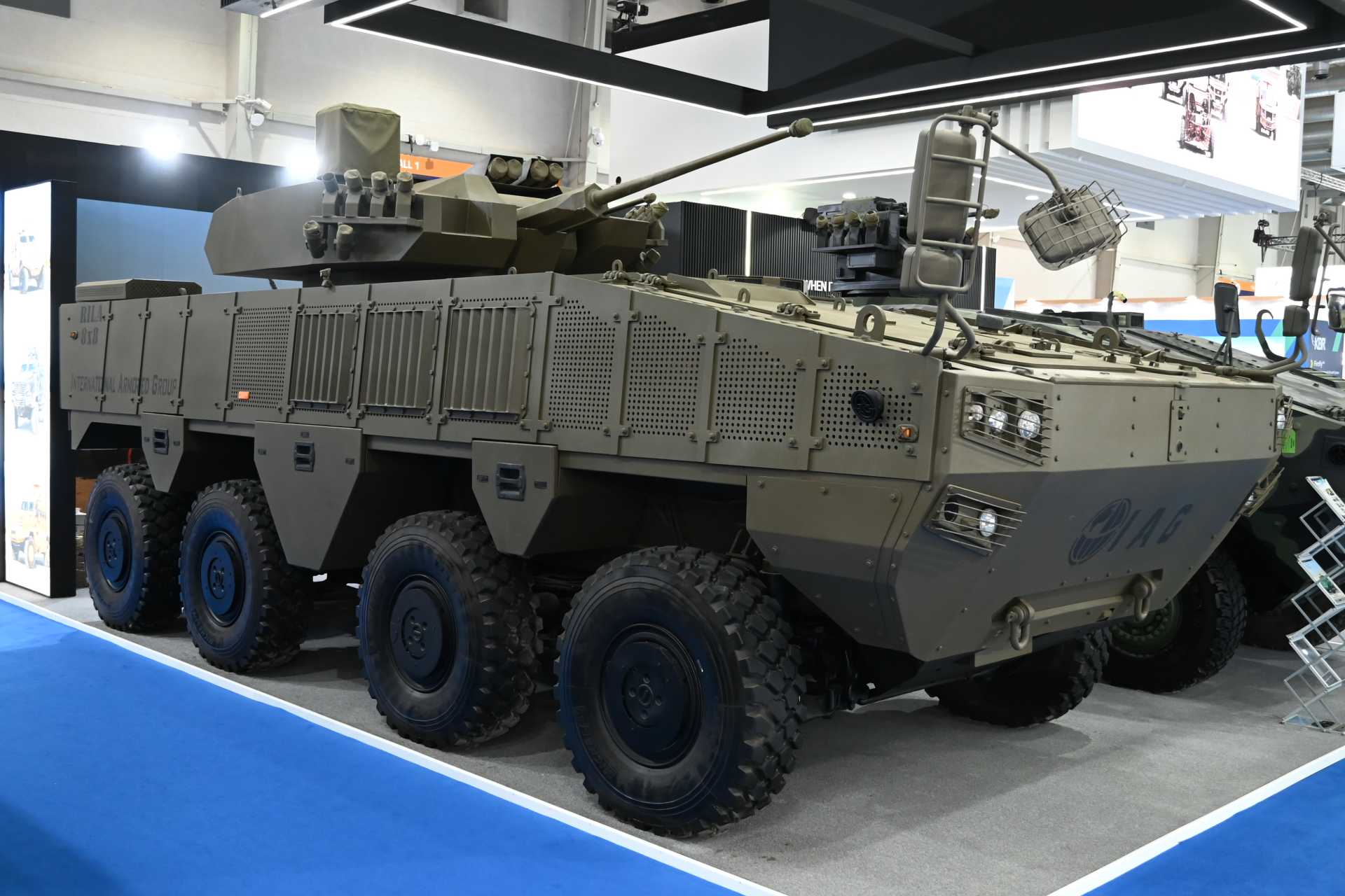 An 8x8 wheeled armored vehicle in infantry fighting vehicle configuration displayed by International Armored Group at the World Defense Show 2026 in Riyadh, highlighting the company’s move into medium-weight combat platforms with turret integration, modular armor, and battlefield-ready IFV capabilities.