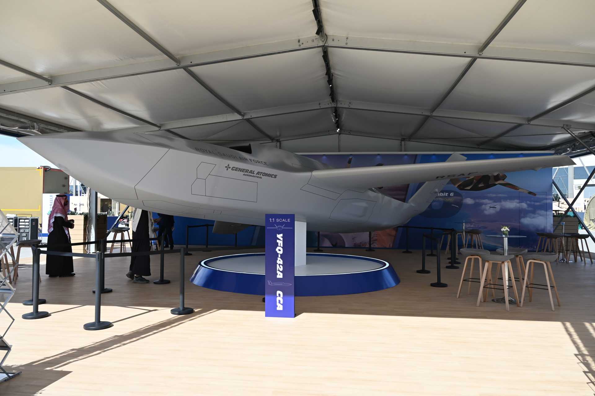 A full-scale model of the U.S.-developed Gambit collaborative combat aircraft is displayed at the World Defense Show 2026, marking the first public presentation of General Atomics Aeronautical Systems’ modular manned-unmanned air combat concept in the Middle East.