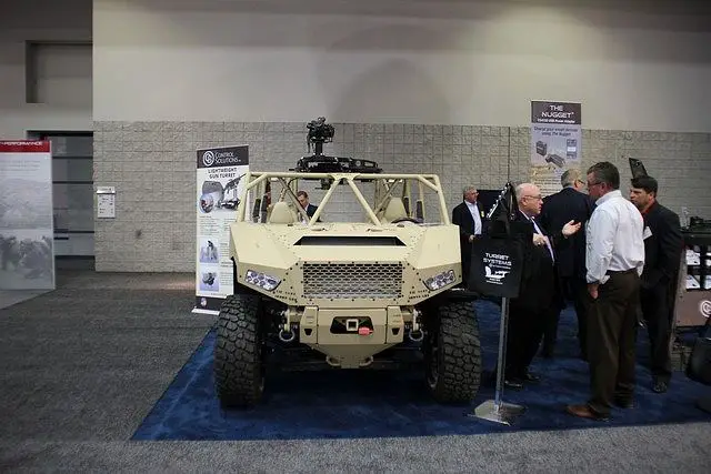 At AUSA 2015, American Company Control Solutions presents its Light Weight Gun Turret fiited on all-terrain vehicle Polaris Dagor. The Lightweight Motorized Gun Turret (LMGT) provides a new one-piece system that can be easily mounted on almost any vehicle. Reducing the vehicle weight will continue to be a key requirement of military and police forces worldwide.