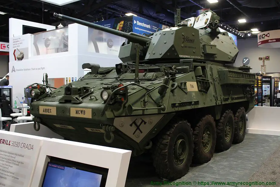 CMI Defence ARDEC Cockerill 3030 CRADA 30mm weapon station on Stryker armored at AUSA 2018 United States Army defense exhibition 925 001