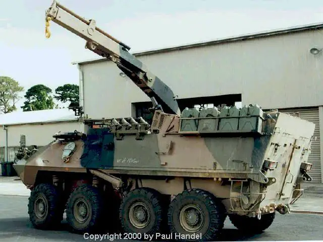 ASLAV-F: Maintenance support vehicle with HIAB 650 crane. Armed with a single 7.62 FN MAG 58 machine gun