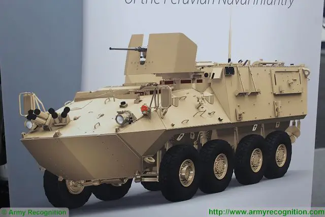 At SIDEF 2015, the International Defense Technology Exhibition and Prevention of Natural Disasters, General Dynamics Land Systems presents the latest generation of LAV-II amphibious ( Light Armoured Vehicle) which was recently purchased by the Naval Infantry of the Peruvian Navy. 