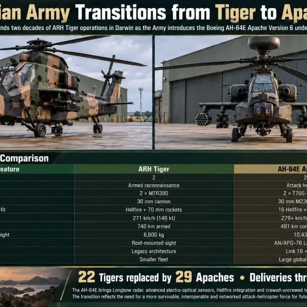 Australia is replacing the Tiger ARH with the AH-64E Apache because persistent availability and sustainment problems have made the fleet increasingly difficult to maintain, modernize, and deploy with U.S. and allied forces. (Picture source: Army Recognition)