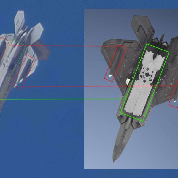 A U.S. Air Force F-22A Raptor maneuvers aggressively near Edwards Air Force Base while carrying distinctive low-observable-shaped underwing sensor pods, highlighting ongoing flight testing associated with efforts to expand the stealth fighter’s passive sensing capabilities. (Pictures sources: Mojave Planespotting and @stinkjet)