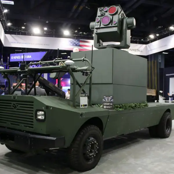 AeroVironment's LOCUST X3 high-energy laser counter-drone system mounted on American Rheinmetall's MUSKOX unmanned ground vehicle at AUSA 2026 in Washington, D.C., October 12, 2026. (Picture source: Army Recognition)
