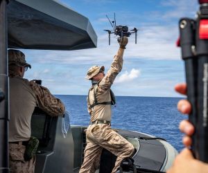 U.S. Marines tested a Neros Archer FPV attack drone launched from a reconnaissance boat off Okinawa, exploring mobile sea-based drone operations for future littoral missions (Picture Source: USMC)