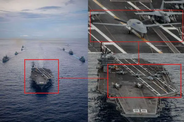 The MQ-25A Stingray’s appearance aboard USS Nimitz during FLEETEX 250 marks a major step in bringing unmanned aerial refueling into U.S. carrier operations. (Picture Source: U.S. Navy / Edited by Army Recognition Group) © Army Recognition Group. All rights reserved. Unauthorized use, reproduction, or distribution prohibited.