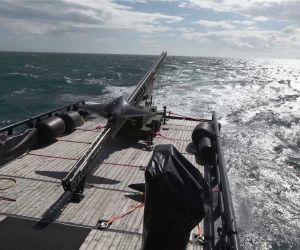 The British Royal Navy successfully launches the Nyan One Way Effector autonomous strike drone from the experimental vessel XV Patrick Blackett during sea trials off England's south coast, marking the first-ever shipborne launch of the system while underway. (Picture source: British Royal Navy video footage)