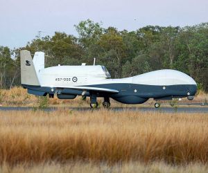 A Royal Australian Air Force MQ-4C Triton taxies at RAAF Base Tindal in Australia’s Northern Territory, where the long-endurance unmanned aircraft now supports persistent Indo-Pacific maritime surveillance following the declaration of Initial Operational Capability.