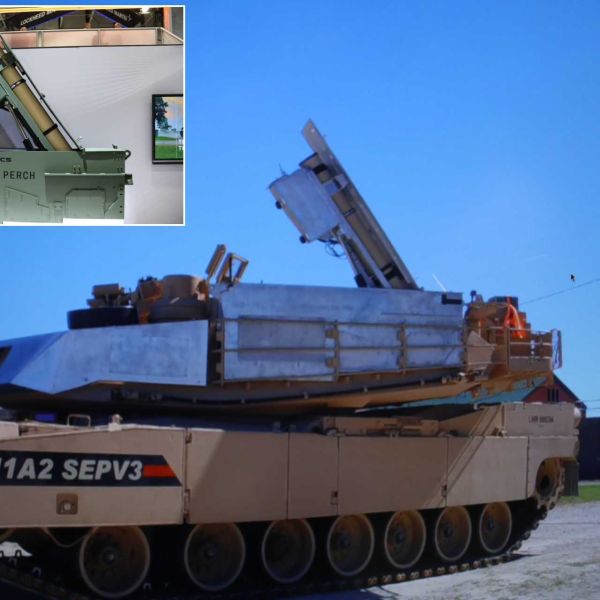 General Dynamics Land Systems’ PERCH 2.0 is designed to let M1A2 Abrams SEPv3 and Stryker crews launch Switchblade 300 loitering munitions from under armor, extending reconnaissance and precision-strike reach beyond direct line of sight.