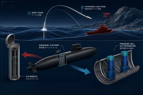 Official Japan Ministry of Defense rendering, reworked and edited by Army Recognition, showing a submarine equipped with a vertical launch system as Japan moves toward underwater-launched long-range and hypersonic strike capabilities (Picture Source: Japanese MOD / Edited By Army Recognition Group)