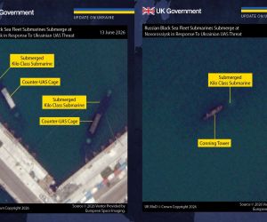 Three Russian Kilo-class submarines at Novorossiysk have been fitted with counter-drone cages and partially submerged at berth to protect exposed sail equipment and preserve their Kalibr cruise-missile strike capability (Picture source: UK MoD).