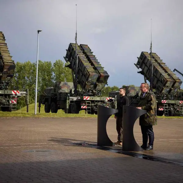 Ukrainian President Volodymyr Zelenskyy and German Federal Defence Minister Boris Pistorius stand in front of Patriot air-defense launchers during a visit to the 21 Surface-to-Air Missile Group in Sanitz, Germany. Germany has been a major supplier of Patriot systems and interceptors to Ukraine.
