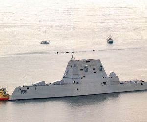 USS Zumwalt is undergoing a $2 billion-class modernization to carry up to 12 Conventional Prompt Strike hypersonic missiles, but ship integration, testing, and missile-production delays have pushed the first sea-launched test to fiscal year 2027 (Picture source: U.S. DoW).