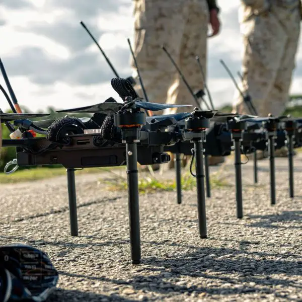 Neros Archer first-person-view drones staged during the Marine Corps Attack Drone Competition at Camp Schwab in Okinawa, Japan, on December 7, 2025. During the two-week event, the Marine Corps Attack Drone Team trained and certified 3rd Marine Division personnel as attack drone operators, attack drone instructors, and payload specialist instructors. (Picture source: US DoD)