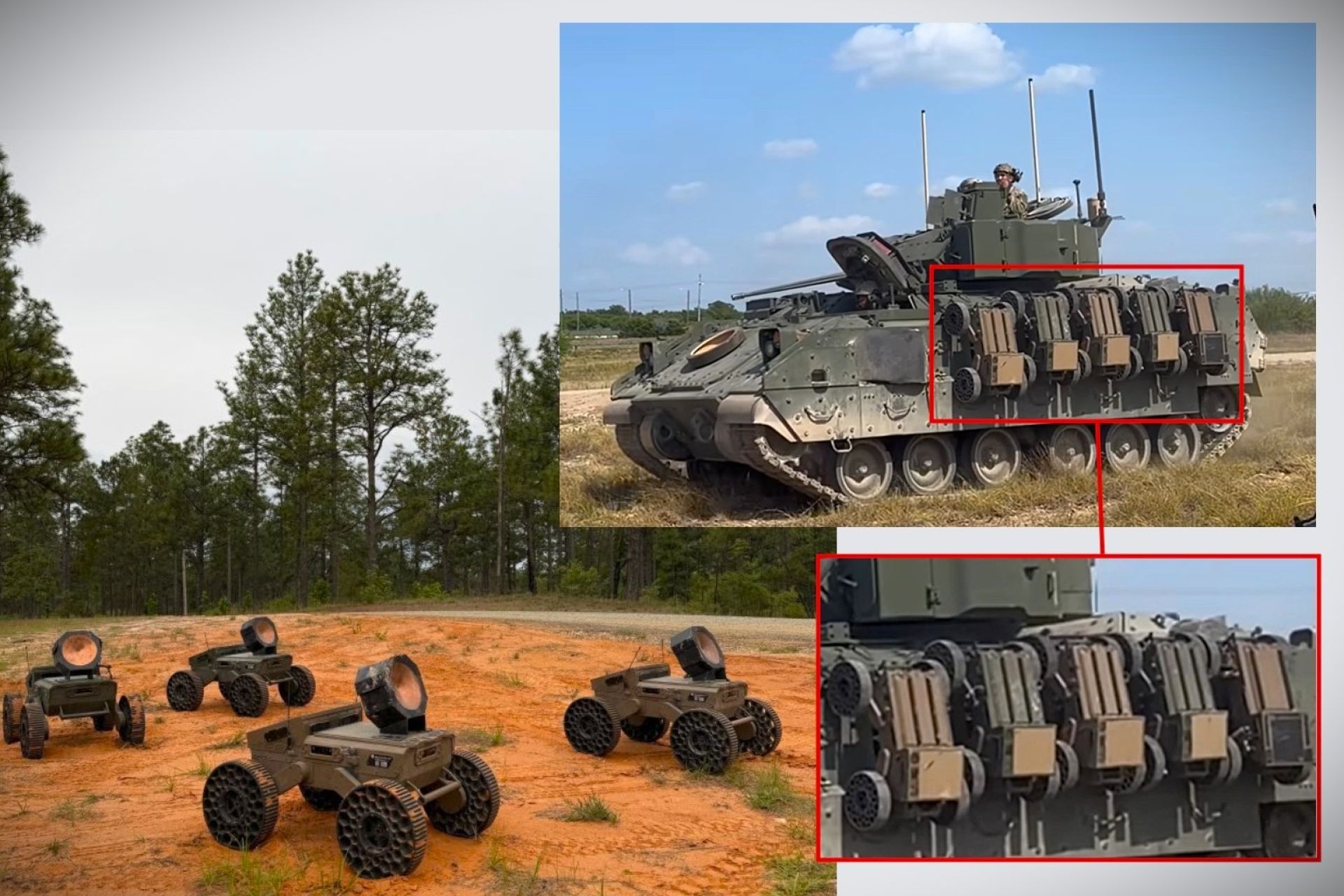 The U.S. Army is testing M2A4 Bradley infantry fighting vehicles as carriers for swarms of FireAnt unmanned ground vehicles, exploring how small attritable robots could support armored formations in future combined-arms combat (Picture Source:  Swarmbotics AI / Edited By Army Recognition Group)