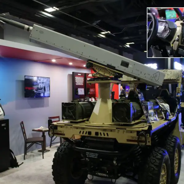 The Polaris MRZR Alpha 6x6 displayed at AUSA 2026 features MSI Defense Solutions' VIK rocket launcher integration kit and SCI Technology's TOCNET-G4 tactical communications system, combining mobile precision fire support with battlefield communications capabilities. (Picture source: Army Recognition)
