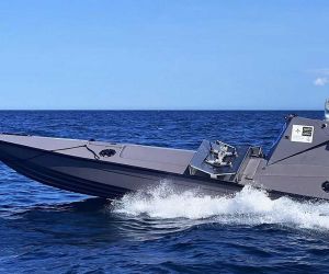 British Royal Navy Kraken K3 unmanned surface vessel launches three short-range loitering drones during the U.S.-led AUKUS Maritime Big Play Pacific demonstration at Naval Base Point Loma, San Diego, on October 20, 2026. (Picture source: U.S. Navy)