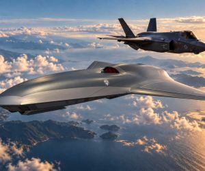 AI-generated image of Lockheed Martin’s Vectis, a subsonic collaborative combat aircraft being developed to operate independently or alongside crewed fighters such as the F-35 in future high-intensity air operations.