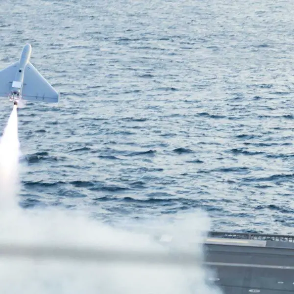 A U.S. military LUCAS (Low-Cost Uncrewed Combat Attack System) one-way attack drone launches from the flight deck of the U.S. Navy Independence-class littoral combat ship USS Santa Barbara (LCS 32) in the Arabian Gulf, demonstrating its potential for ship-based long-range precision strike operations.