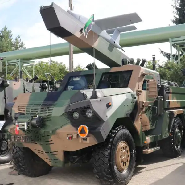 A Polish Army Gladius BSP-U search-and-strike effector mounted on its Waran 4x4 launcher vehicle at MSPO 2026 in Kielce, with the 30 kg electric UAV carrying up to 5 kg and reaching 200 km/h during attack.(Picture source: Army Recognition)