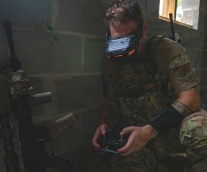 U.S. Air Force Staff Sgt. Connor Montgomery displays FPV drone goggles during training at Moody Air Force Base, Georgia, on July 14, 2026. The Air Force is expanding FPV drone capabilities to strengthen reconnaissance, force protection, and Agile Combat Employment, incorporating lessons from Ukraine's battlefield use of low-cost unmanned systems. (Picture source: U.S. Air Force)