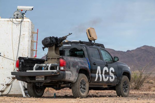 The ACS Bullfrog M240 counter-UAS weapon system fires at drone targets during Exercise Falcon Peak at Cibola Range, Joint Experimental Range Complex 2, Yuma Proving Ground, Arizona, on September 9, 2026.