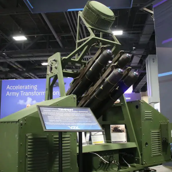 The V2X Tempest Sentinel air defense system displayed at AUSA 2026 in Washington, D.C., features a four-rail launcher designed to fire low-cost CLARK interceptor missiles against drone threats as part of a layered defense network protecting military bases.  (Picture source: Army Recognition Group)