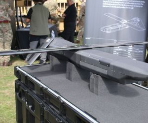 Skyhammer drone interceptor was displayed by the British Army at DVD 2026 as the system targets low-cost defense against one-way attack drones. (Picture source: Army Recognition Group)