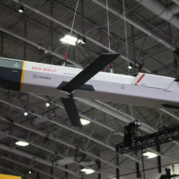 The L3Harris Red Wolf long-range precision strike missile displayed at AUSA 2026, designed to engage distant targets and recently flight-tested from a U.S. Army MH-60 Black Hawk helicopter. (Picture source: Army Recognition)